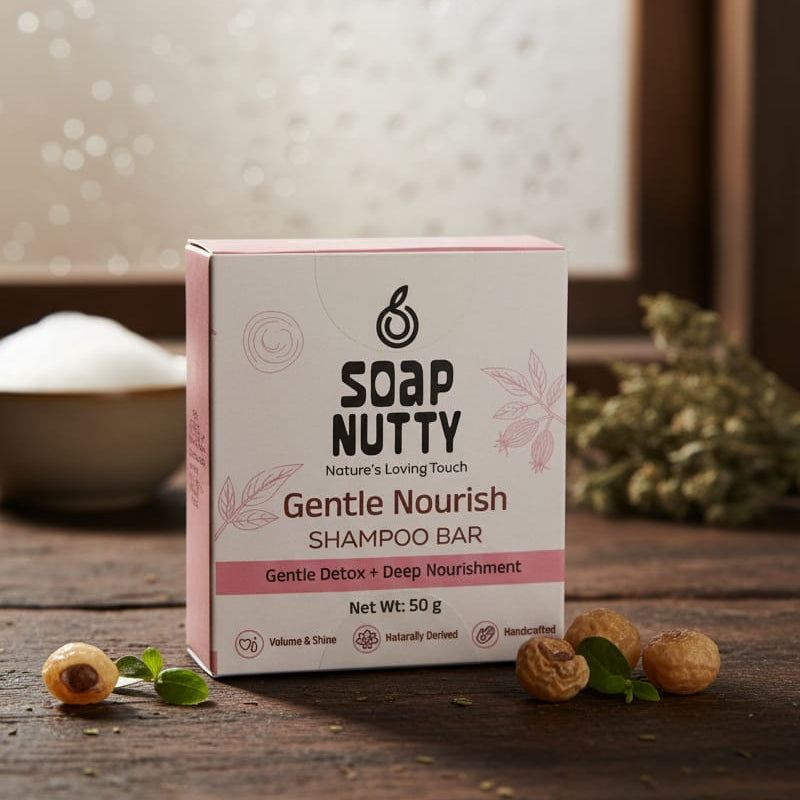 Gentle Nourish Shampoo Bar | Natural Hair Cleanser with Soapnut, French Pink Clay & Castor Oil | Gentle Detox & Deep Nourishment | Plastic-Free | 50g