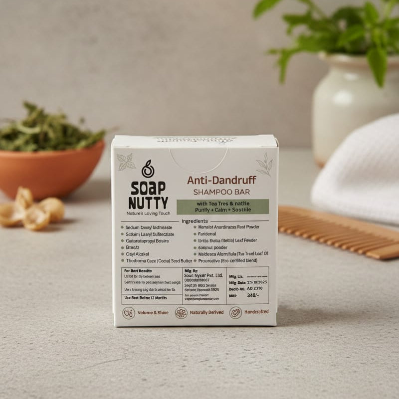 Soapnutty Anti-Dandruff Shampoo Bar | Tea Tree & Nettle | Natural Scalp Purifier with Soapnut, Cocoa Butter & French Pink Clay | Purify + Calm + Soothe | Plastic-Free | 50g